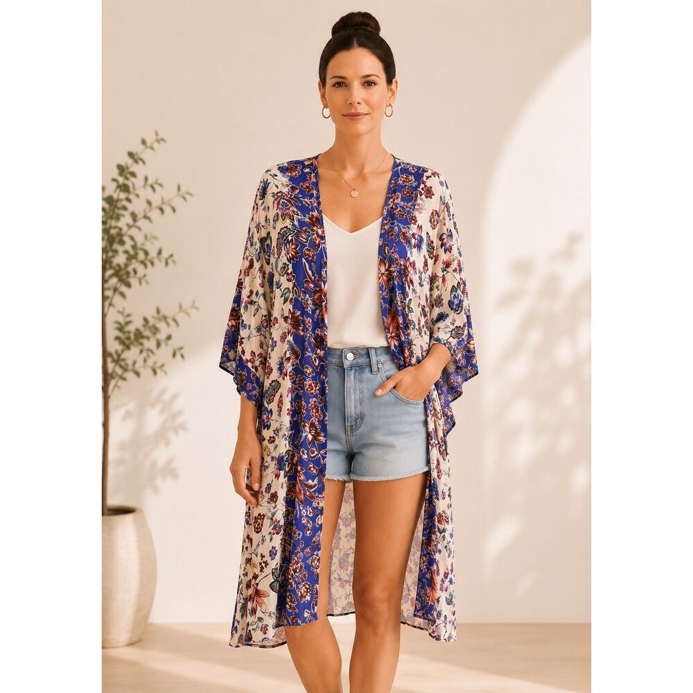 Democracy Floral Kimono Cardigan NWT Blue Cream S/M Boho Coastal